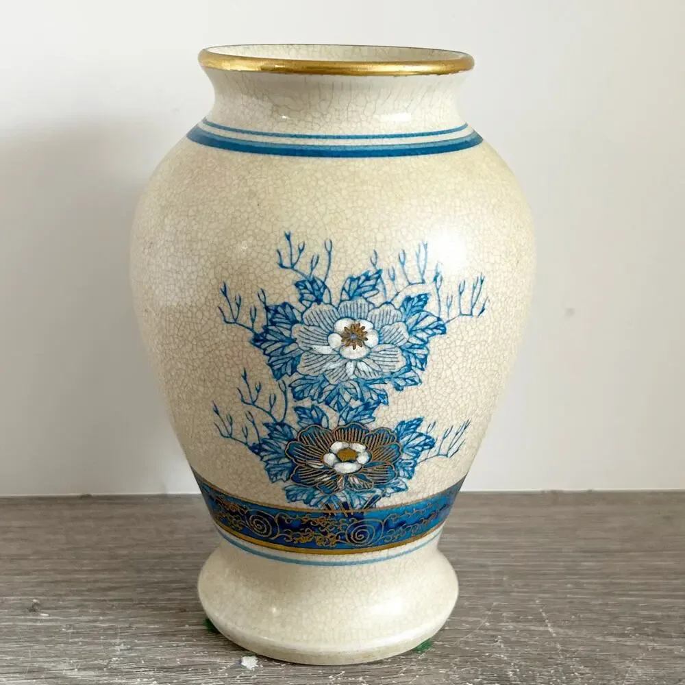 VNTG Japanese Blue/Gold Crackle Finish Porcelain Vase w/ Peacock & Sakura Design